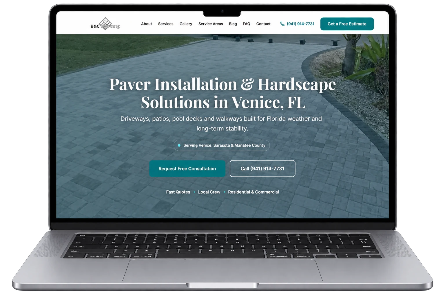 B and C Pavers website homepage shown on a laptop screen, a paver and hardscape contractor site built by Fire and Cloud Consulting