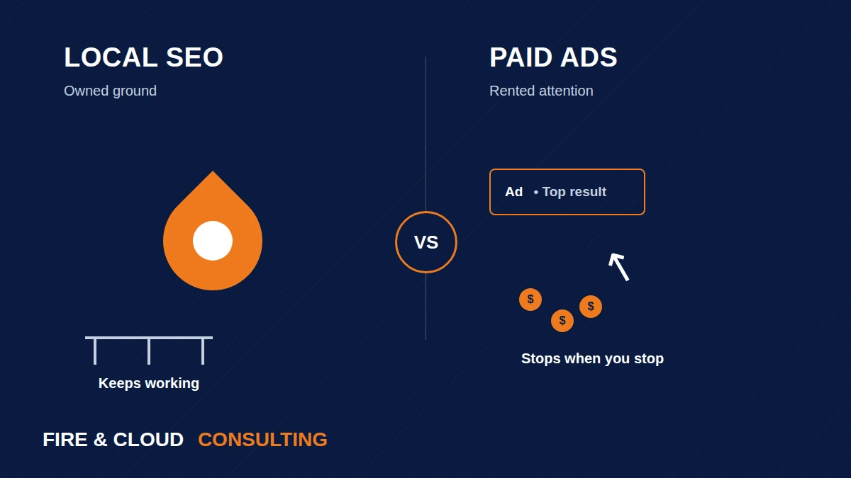 Split comparison of local SEO organic results and paid search ads for a small business