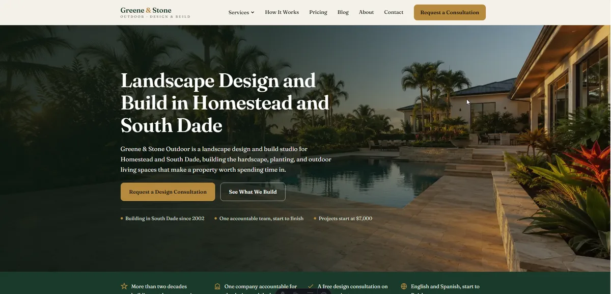 Greene & Stone Outdoor website homepage, a landscape design and build studio site built by Fire and Cloud Consulting