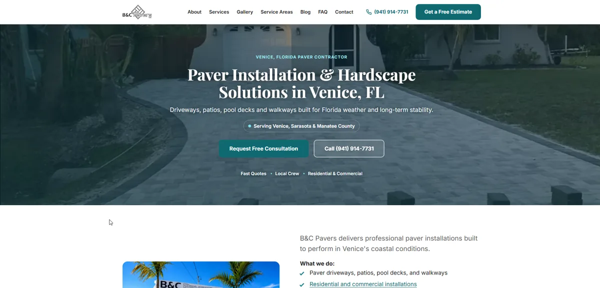 B&C Pavers website homepage, a paver installation and hardscape contractor site built by Fire and Cloud Consulting