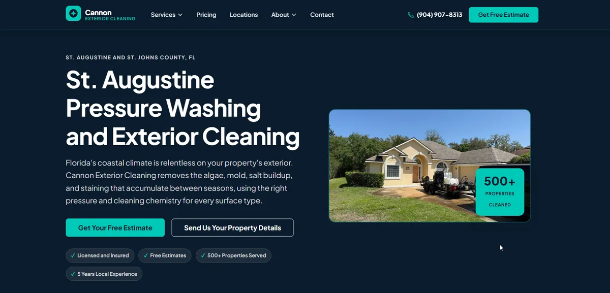 Cannon Exterior Cleaning website homepage, a residential and commercial pressure washing contractor site built by Fire and Cloud Consulting