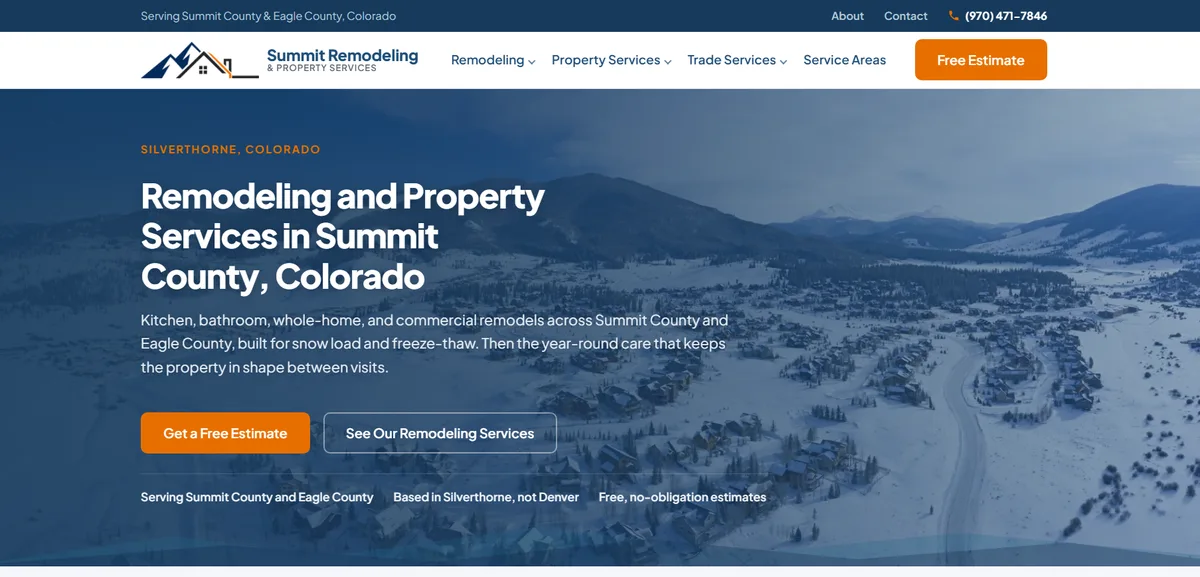 Summit Remodeling and Property Services website homepage, a remodeling and property services contractor site built by Fire and Cloud Consulting